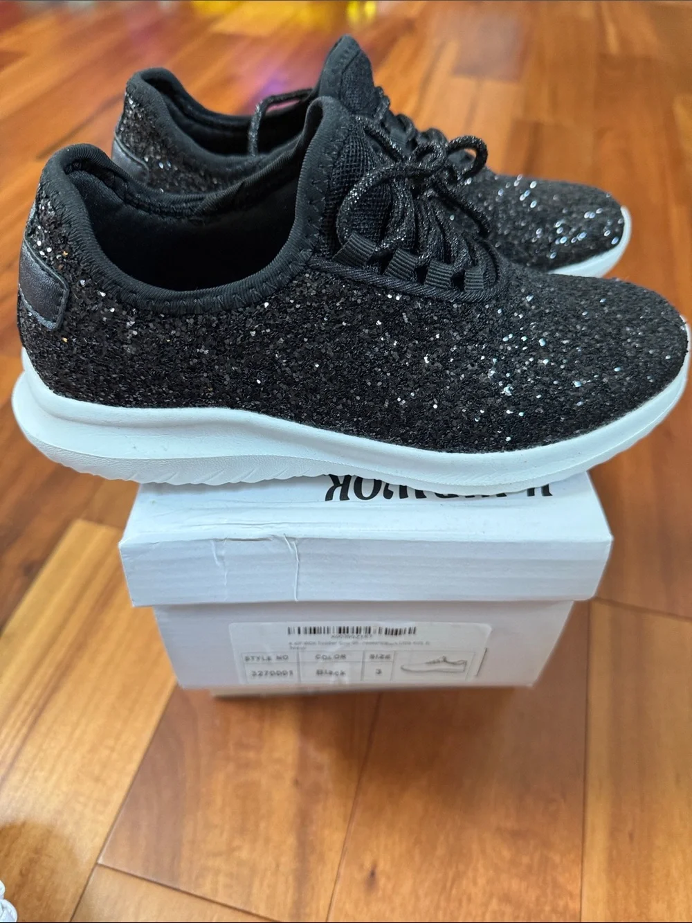 Black Glitter Girls Sneaker with White Sole